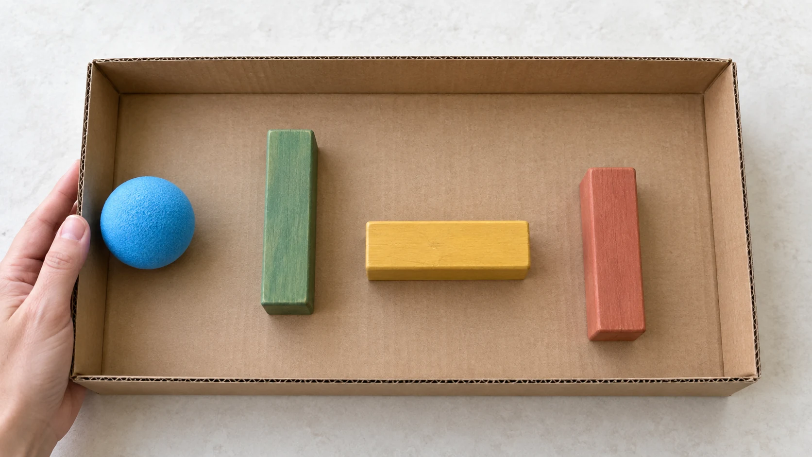 An intact shallow cardboard lid with three loose chunky block walls, one large blue foam ball, and an adult hand steadying the edge