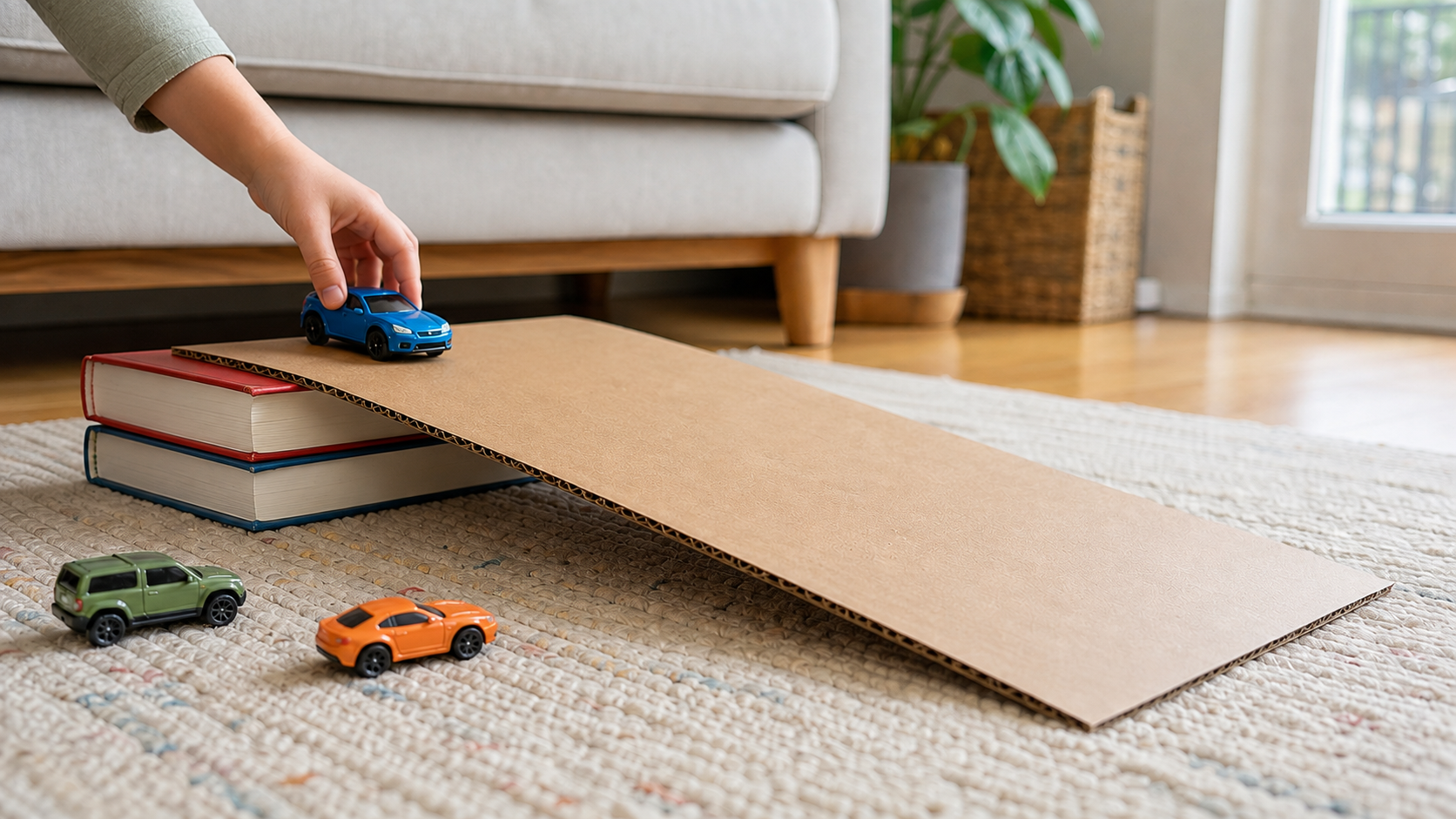 A low floor-level cardboard ramp resting on two broad closed books, with three toy cars and an adult hand nearby