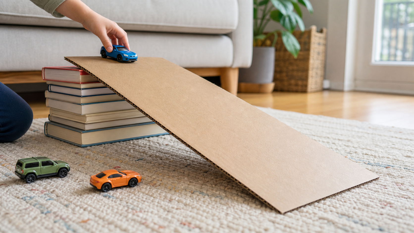 A cardboard box ramp with toy cars in a living room