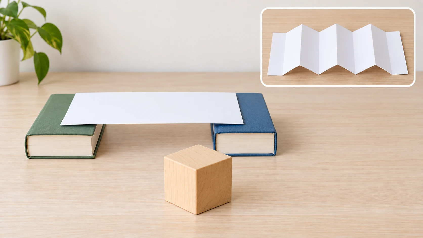 One flat paper bridge across two low closed books with a large wooden block nearby and a small inset showing broad accordion folds