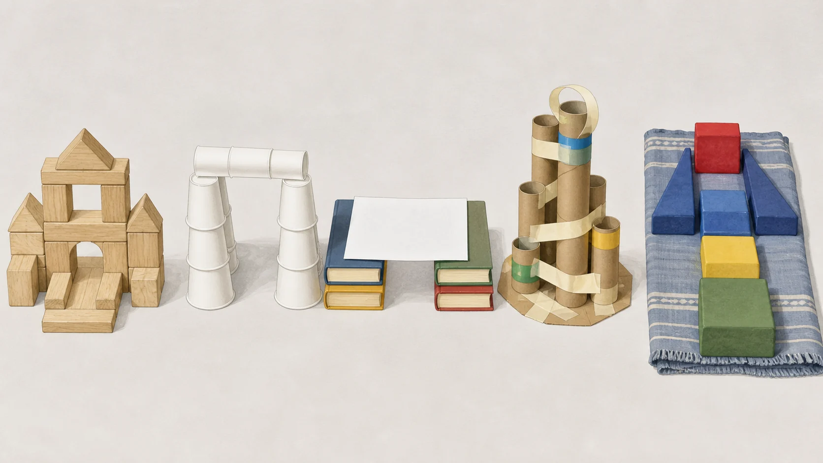 Illustration of large blocks, paper cups, a paper bridge, a cardboard-tube sculpture, and a blanket path as preschool building material choices.