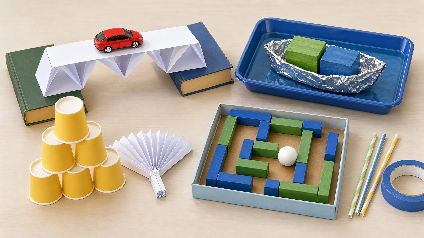 Paper bridge, foil boat, cup tower, box-lid maze, straws, and painter tape arranged as engineering challenge materials.