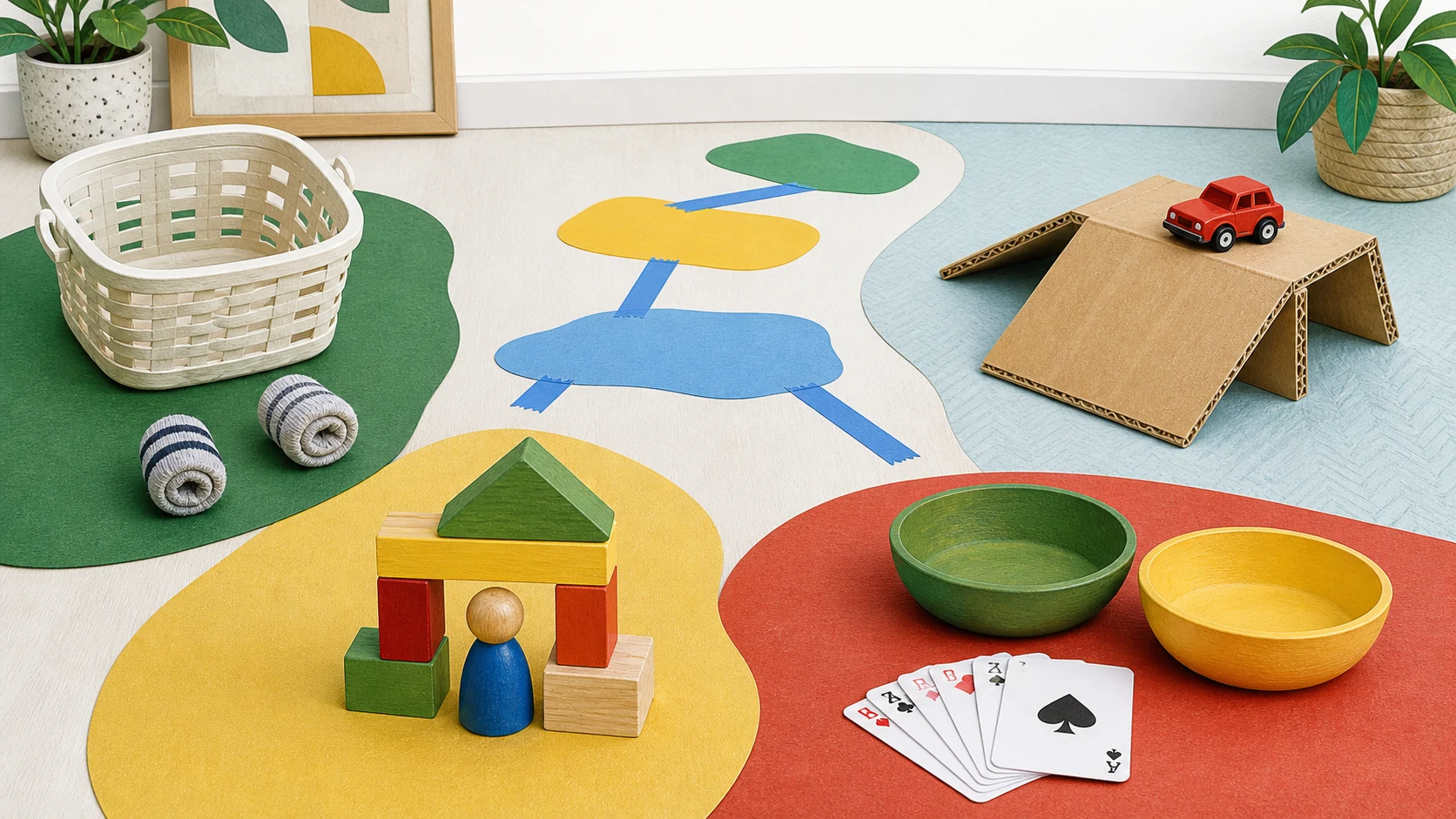 Illustrated indoor activity zones with rolled socks and a basket, a short paper path, a low toy-car ramp, a block home, and playing cards