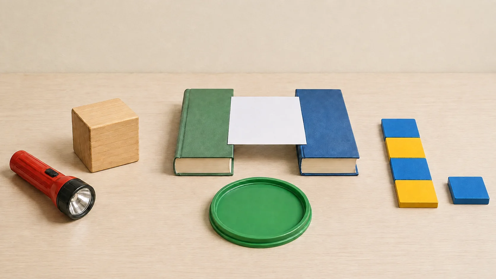 Three illustrated preschool STEM material sets: a flashlight and large block facing a blank wall; a paper bridge across two closed books with a large plastic lid; and four alternating blue-and-yellow pieces with one loose blue piece ready to continue the pattern.