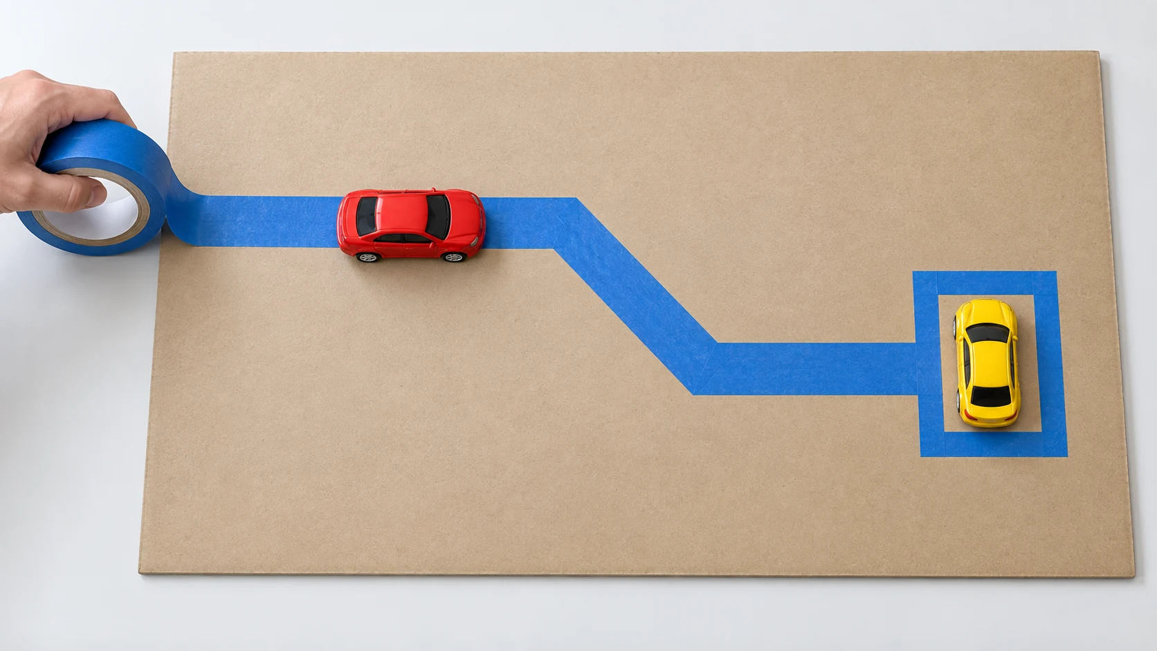 A short blue painter's tape road and parking box on a removable cardboard board with two large intact toy cars and an adult holding the tape roll